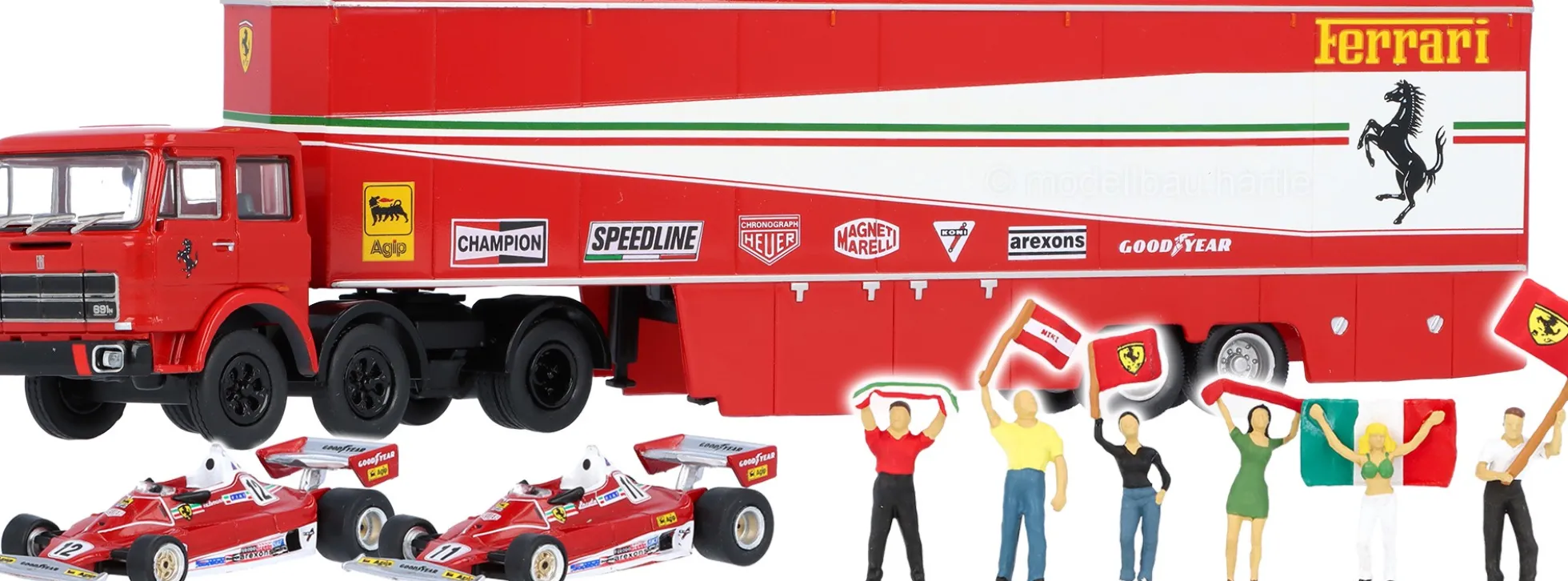 BREKINA 58575 Fiat 691T Renntransporter mit 2 Ferrari 312 T2 + Figuren 1977 | LKW-Modell 1:87