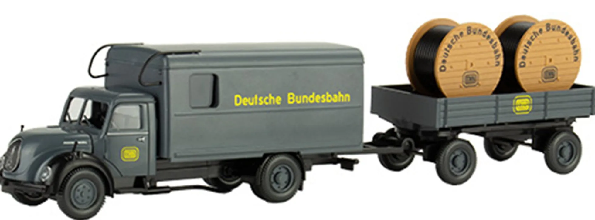 BREKINA-PMS 251262 Magirus Mercur KofferLKW mit Anhänger und Kabeltrommeln DB Edition