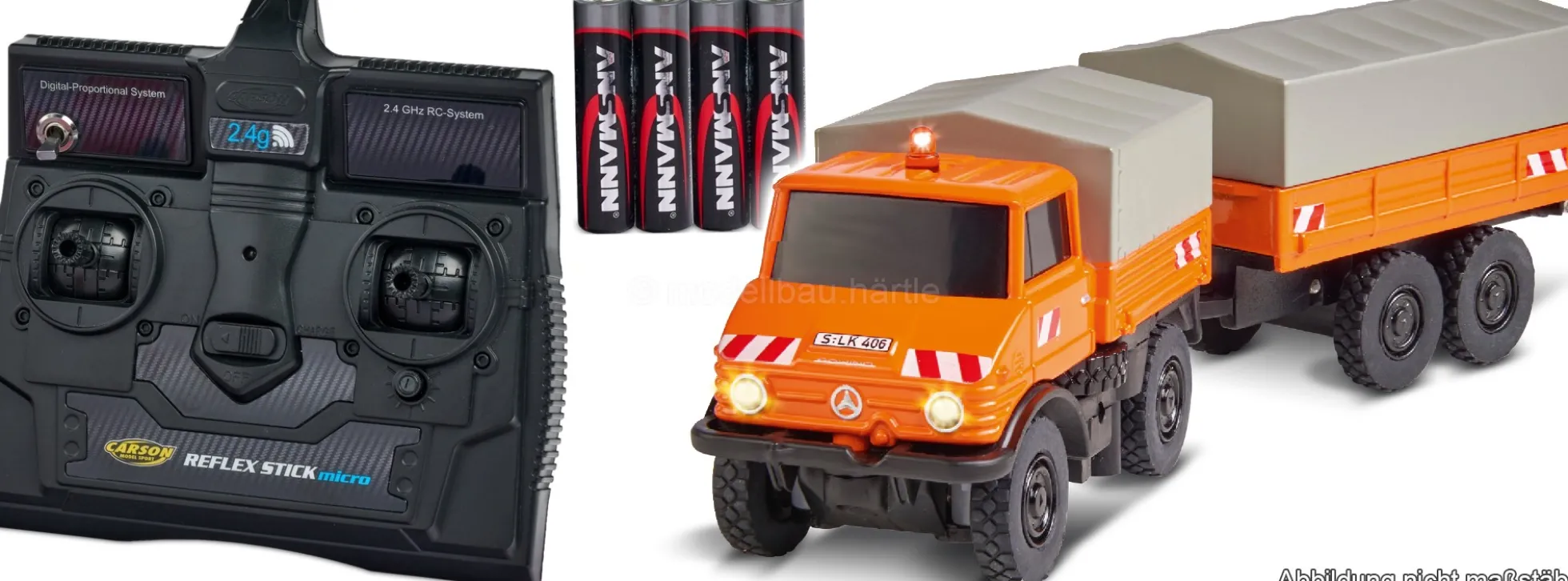 CARSON 500504177 MB Unimog U406 Kommunal mit Anhänger | 2.4GHz | RC Auto 1:87 Spur H0