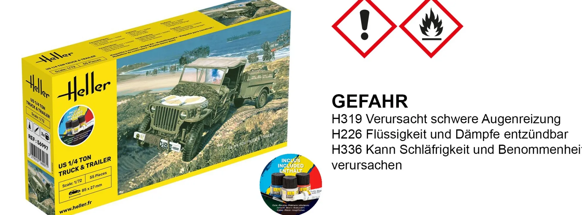 Heller 56997 US M151 1/4-Ton Nutzfahrzeug + Anhänger | Starter-Kit | Militär Bausatz 1:72