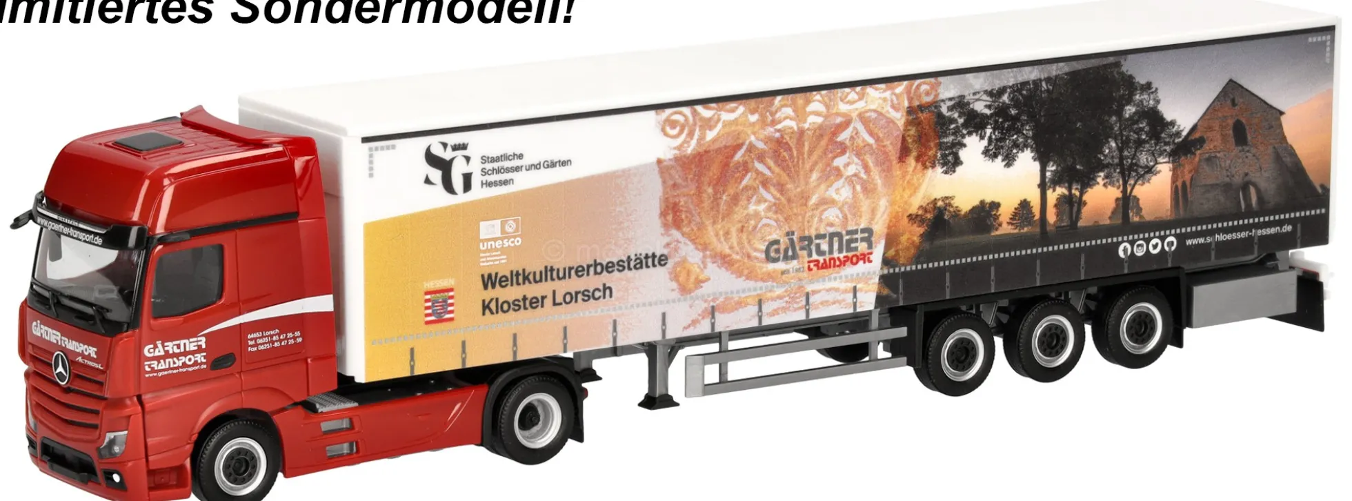 herpa 939256 MB Actros 18 L GS Gardinenplanen-Sattelzug - Gärtner / Kloster Lorsch | LKW-Modell 1:87
