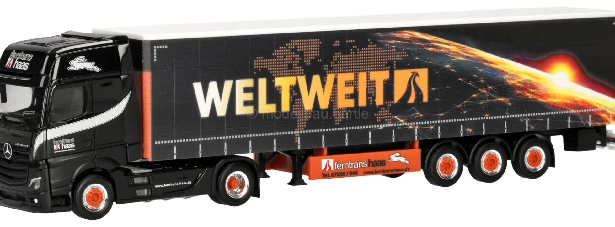 herpa 320023 Mercedes-Benz Actros L 2018 Gardinenplanensattelzug Ferntrans Haas Weltweit Modell 1:87