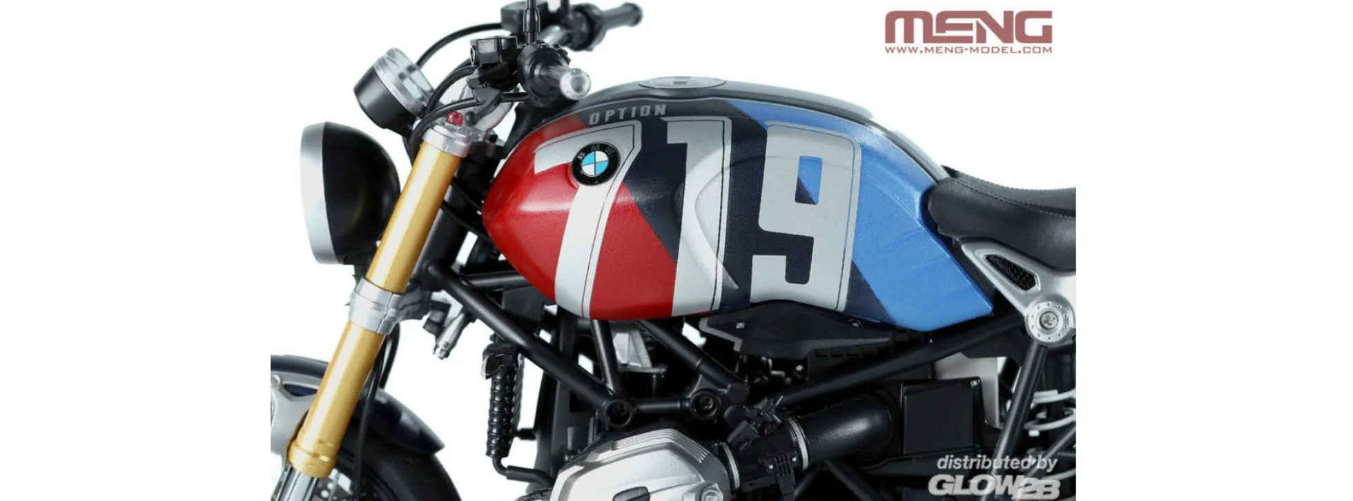 MENG MT-003T BMW R nineT Option 719, Mars Red/CosmicBlue | vorlackiert | Motorrad Bausatz 1:9