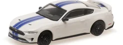 MINICHAMPS 870087026 Ford Mustang VI Coupe 2018 weiss mit blauen Streifen Automodell 1:87
