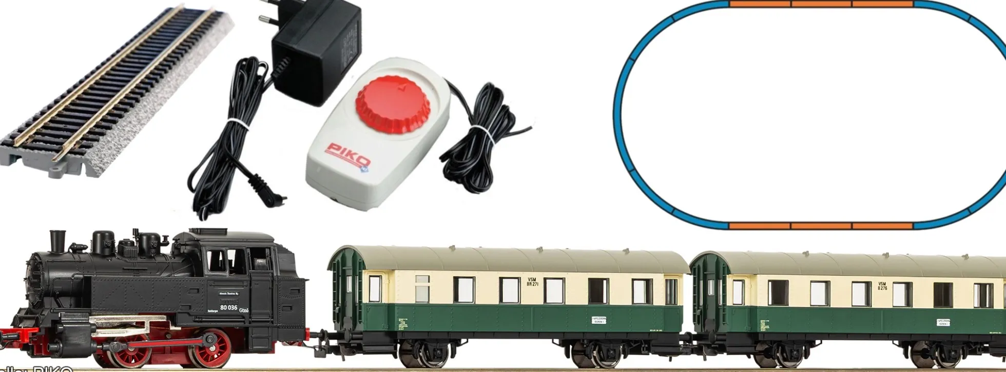 PIKO 57035 Start-Set BR 80 VSM mit Personenwagen NS | Bettungsgleis | DC analog | Spur H0