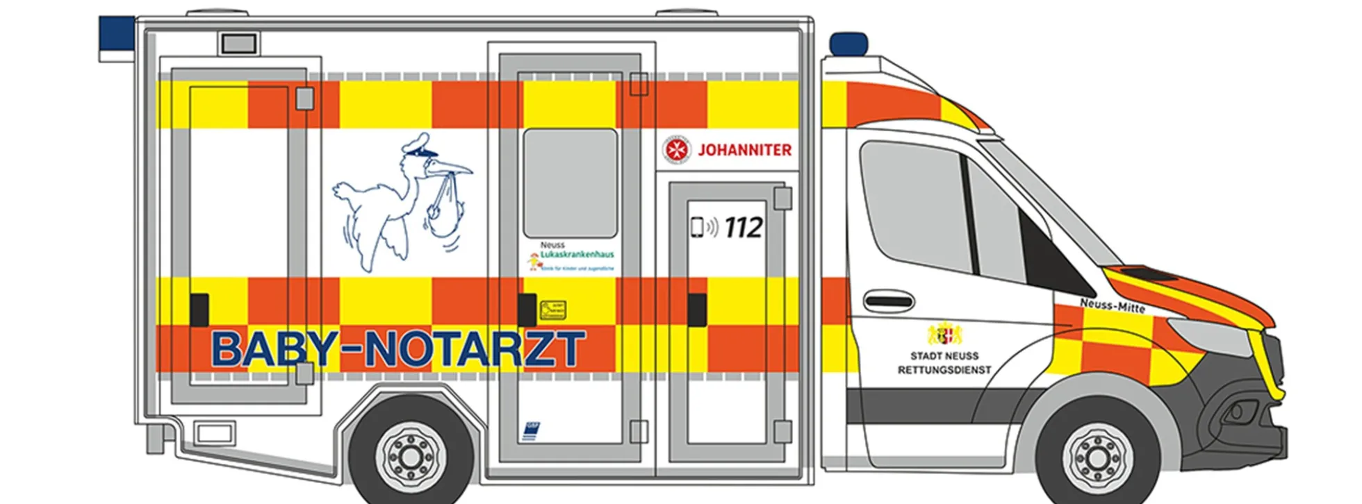 RIETZE 76151 Mercedes-Benz RTW GSF 2018 Baby Notarzt Rettungsdienst Neuss Blaulichtmodell 1:87