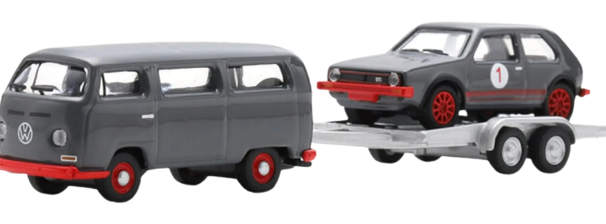Schuco 451870028 VW T2 Bus mit Anhänger Golf I GTI grau | Modellauto 1:87