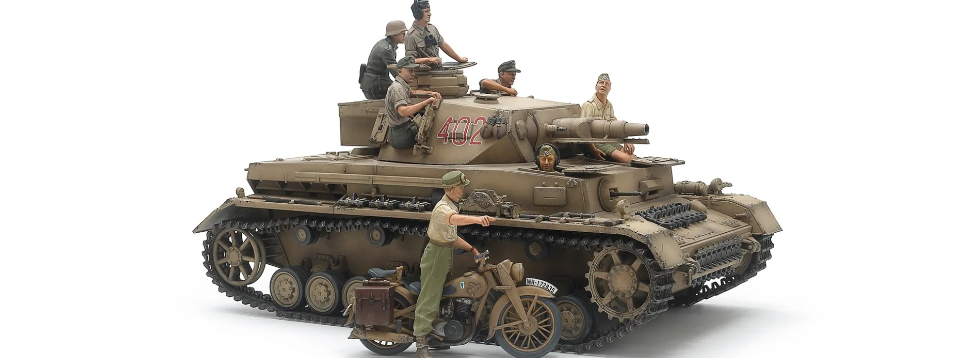 TAMIYA 25208 Deutscher PzKpfw.IV Ausf.F mit Motorrad BMW Krad DAK | Panzer Bausatz 1:35