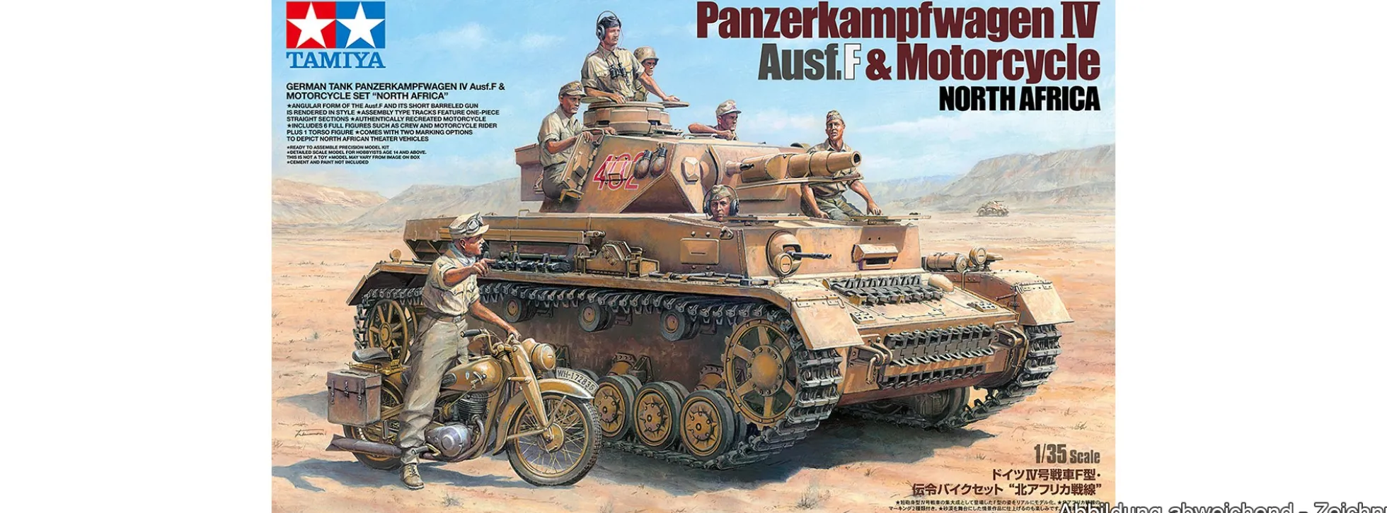 TAMIYA 25208 Deutscher PzKpfw.IV Ausf.F mit Motorrad BMW Krad DAK | Panzer Bausatz 1:35